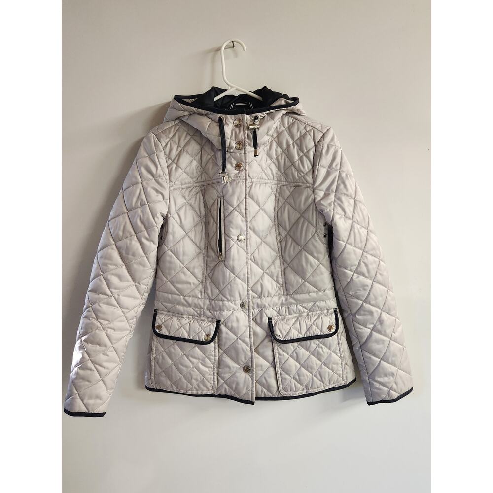 Nautica Women’s Puffer Coat Medium Silver Hooded Quilted Zip Jacket Winter Warm